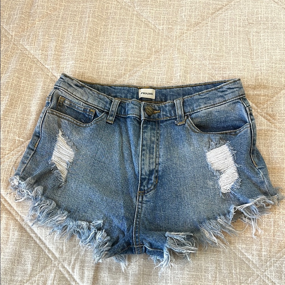 Distressed Blue Jean Shorts with Frayed Hem size L